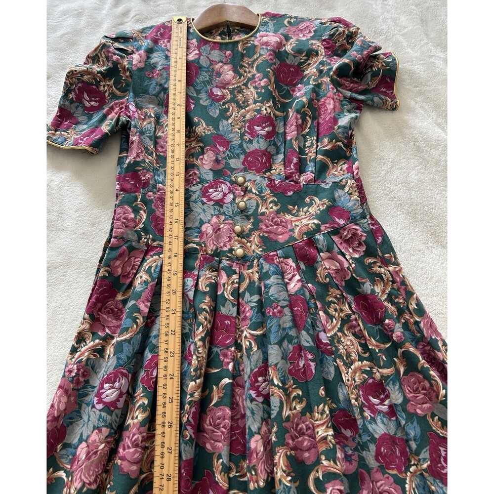 Vintage Romantic Floral Midi Dress Size 6 Green Roses Pearl Buttons 80s Bold - Picture 8 of 14